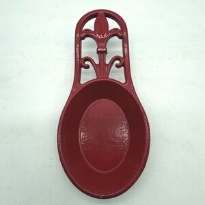 Red Cast Iron Fleur De Lis Spoon Rest Enamel Finish Kitchen Counter Decor